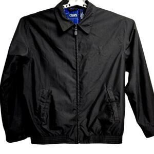 Chaps Men’s Medium Black Jacket Blue Lining Polyester Zip Up Coat Flaw on Sleeve